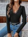 Triangle Onesie Women European and American Fashion With Lace Edge Deep V-neck Long Sleeve Slim Mid-length Base T-shirt. 