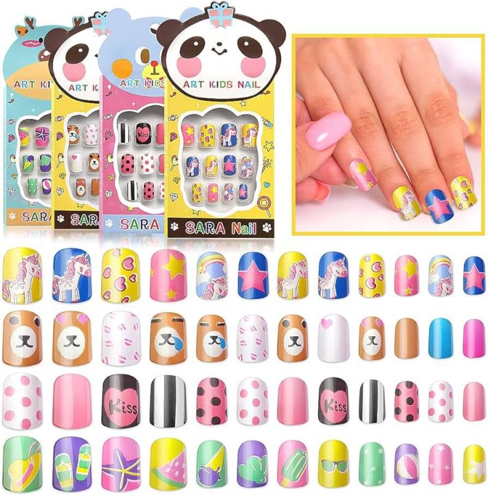 12 / 24 pcs / box Kids False Nails, ABS Material Children Artificial Nail Tip Fashion Full Cover Press Pre-Glued for Party, Nail art for kids