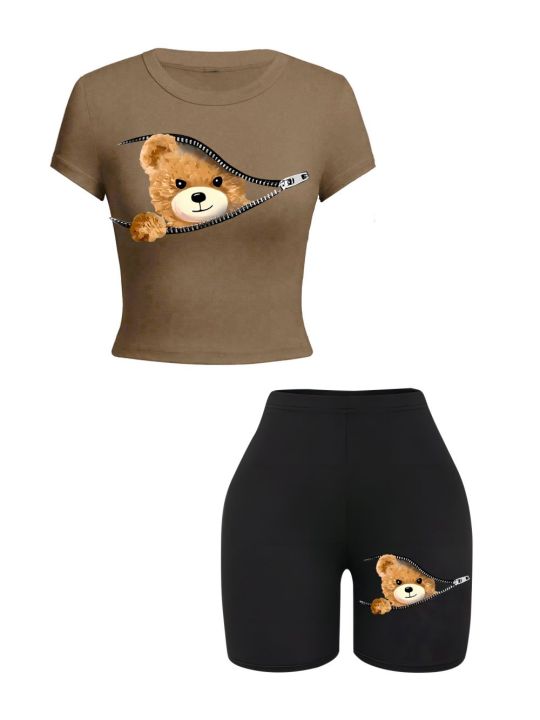 2%20Pieces%20Set%20Women%20Slim%20Crop%20T-Shirts%20Shorts%20A%20Teddy%20Bear%20Emerged%20From%20The%20Zipper%20Prints%20Tops%20Sporty%20High%20Elastic%20Soft%20Clothes%20-%20Image%204