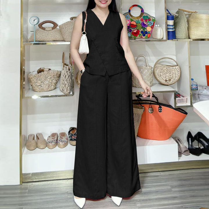 Summer%20Pants%20Sets%20ZANZEA%20Office%20Women%20Oufits%20Elegant%20Sleeveless%20Vests%20Tops%20Wide%20Leg%20Trousers%20Suits%202PCS%20Solid%20OL%20Work%20Tracksuit%20-%20Image%204