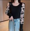 Casual Fashion Contrast Floral Full Sleeve Mesh Mock Neck Tee. 