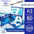 Double A- A3 Size 80gsm 5 Ream Box(2500 Sheet). 