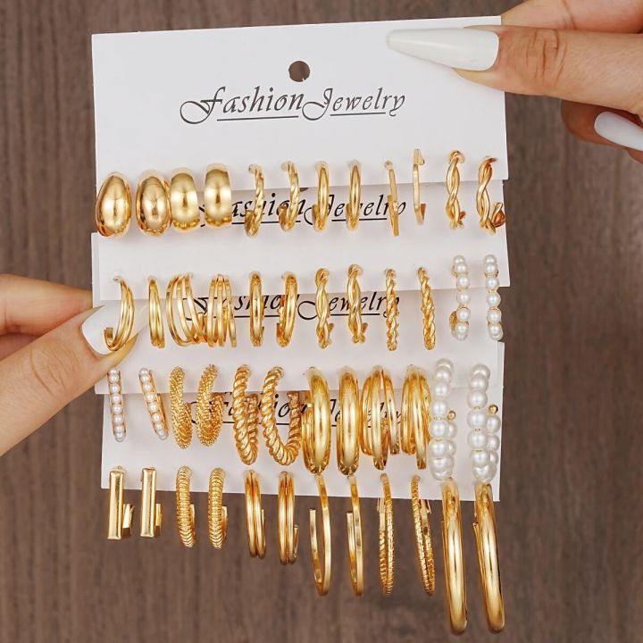 24 Pairs/Set New Gold-Color Crcular Earrings Set Metal Vintage Circle Geometric Twist for Women Girls Trendy Jewelry Gifts 2024