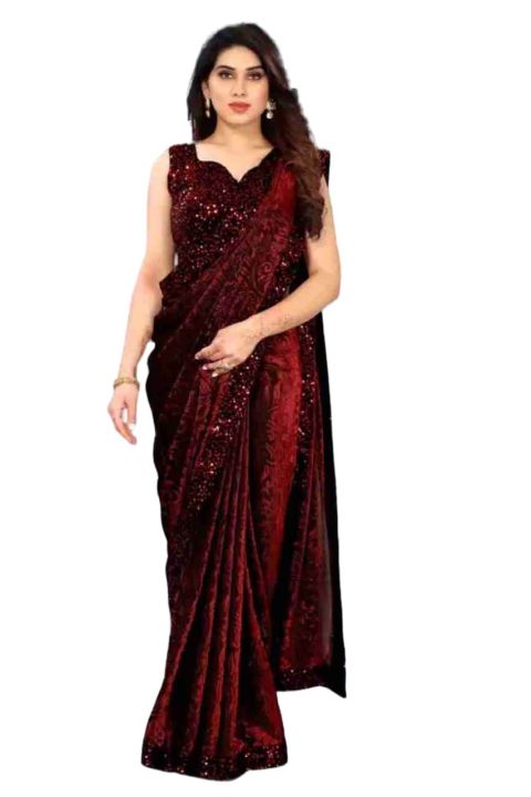 Velvet / Silk Blend Lycra Saree (Coca-Cola Red) with Blouse Material