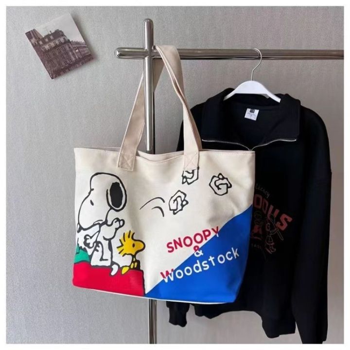 Miniso Disney Snoopy Cartoon Kawaii Canvas Bag Women's Fashion Versatile Large Capacity Casual Cute Shoulder Bag Handbag Gift