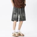 Summer Thin Denim Shorts Men's Retro Streetwear Blue Gray Stretch Straight Loose Fashionable Casual Ripped Short Jeans Men.