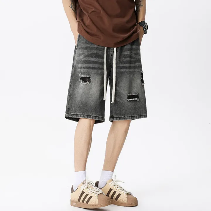 Summer%20Thin%20Denim%20Shorts%20Men's%20Retro%20Streetwear%20Blue%20Gray%20Stretch%20Straight%20Loose%20Fashionable%20Casual%20Ripped%20Short%20Jeans%20Men%20-%20Image%206