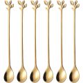 6pcs/Set Long Handle 7.4-Inch Leaf Teaspoons Gold Stainless Steel Coffee stirring spoon Kitchen Tools.
