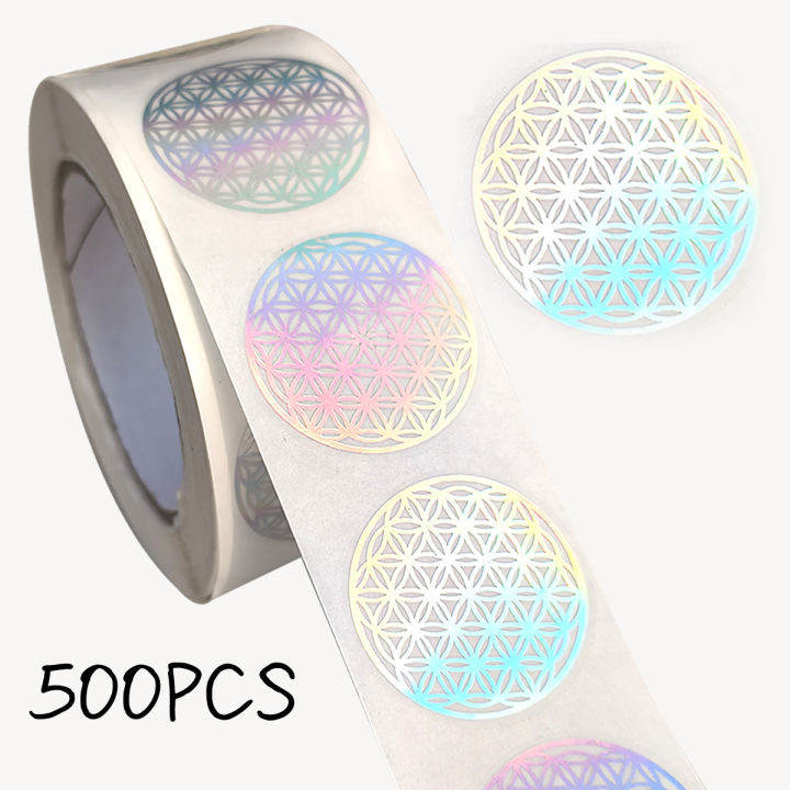 500 Pcs Flower of Life Stickers Roll, Holographic Round Sealing Labels for Packaging, Scrapbooking and DIY Crafts, Silvery.