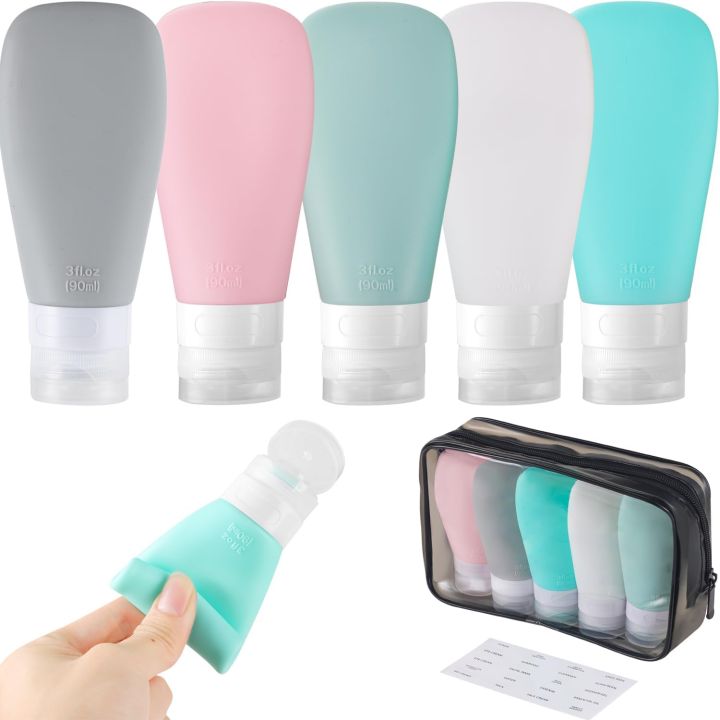 90ML 5-Pack Portable Silicone Travel Bottles Empty Refillable Liquid Container Shampoo Trip Shower Cream Gel Squeeze Containers