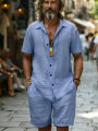 Men's Cotton100 Shirt & Shorts Set Short Sleeve Light Blue Loose Fit Casual Summer Beach Vacation Daily Two-Piece Outfit. 