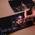 4PCS Postcard Night Scene Colorful Scratch Art Cool And Colorful Scratch Art With Bamboo Sticks,Landscape Architecture Clip Art. 