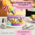 13PCS Russian Piping Tips Set Cake Decorating Kit- 7 Flower Nozzles,EVA Bag & Tools - for DIY Cake Puff Decoration Baking Tools. 