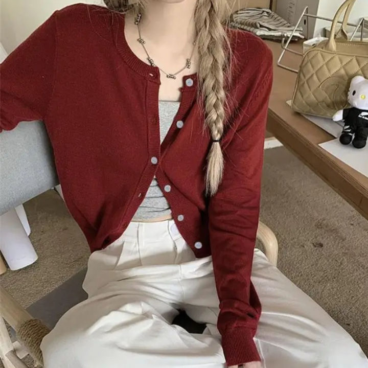 Red%20Cardigan%20Sweater%20for%20Women%20Soft%20Knit%20Long%20Sleeve%20Button-up%20Crop%20Jacket%20Blouse%20Top%20Spring%20Autumn%20Shrunken%20Cardigan%20Y2K%20-%20Image%203