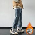 4 Colors Winter Fleece Men's Jeans Baggy Straight Elastic Waist Denim Pants Fashion Korean Thickened Warm Male Thermal Trousers. 