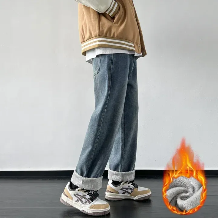 4%20Colors%20Winter%20Fleece%20Men's%20Jeans%20Baggy%20Straight%20Elastic%20Waist%20Denim%20Pants%20Fashion%20Korean%20Thickened%20Warm%20Male%20Thermal%20Trousers%20-%20Image%205