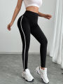 Women's High Waist Yoga Leggings Black Striped Tights Sports Pants. 