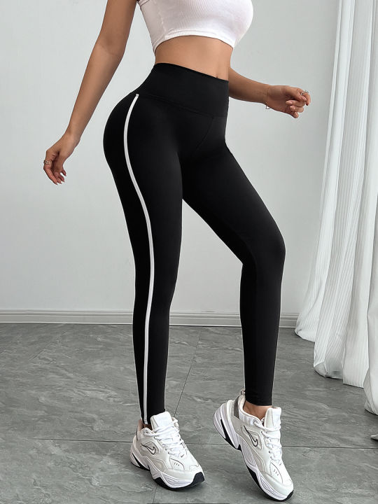 Women's%20High%20Waist%20Yoga%20Leggings%20Black%20Striped%20Tights%20Sports%20Pants%20-%20Image%205