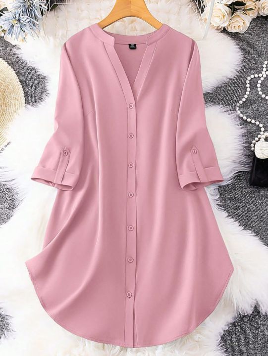 Roll%20Tab%20Sleeve%20flat%20collar%20Neck%20Button%20Front%20Shirt%20For%20Women's%20Wear%20-%20Image%204