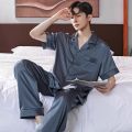 New Ice Silk Pajamas, Men's Summer Short-Sleeved Trousers, Thin High-End Simulated Silk Plus-Size Loose Loungewear Two-Piece Set.