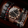 5PCS Set Fashion Mens Sports Bracelet Watches For Men Retro Big Dial Quartz Wrist Watch Classic Casual Brown Mens Leather Watch. 