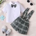 6-to 36-month-old newborn baby boys summer white lapel cardigan short-sleeved tie with plaid suspenders shorts gentleman suit. 