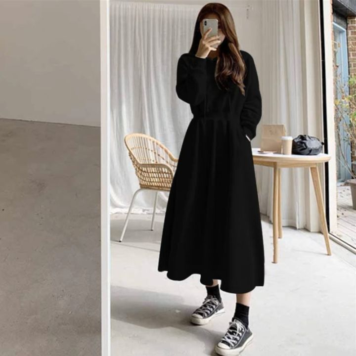 Autumn%20Winter%20Casual%20Women%20Hooded%20Cotton%20Long%20Dress%20Long%20Sleeved%20Pullover%20Solid%20Hoodie%20Shirring%20A-Line%20Floor-Length%20Rib%20Dresses%20-%20Image%203
