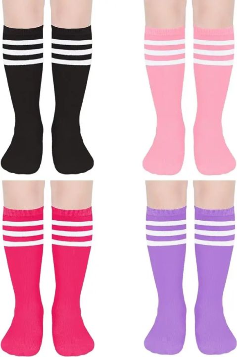 28cm Kids Soccer Socks Three Stripes Knee High Socks Cotton Sports Socks Toddler Boys Girls Uniform Tube Socks