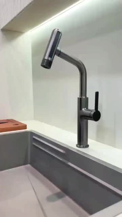 6 Mode Gray Kitchen Faucets Pull Out Rotation Waterfall Black Stream Sprayer Head Sink Mixer Brushed Nickle Water Tap Accessorie
