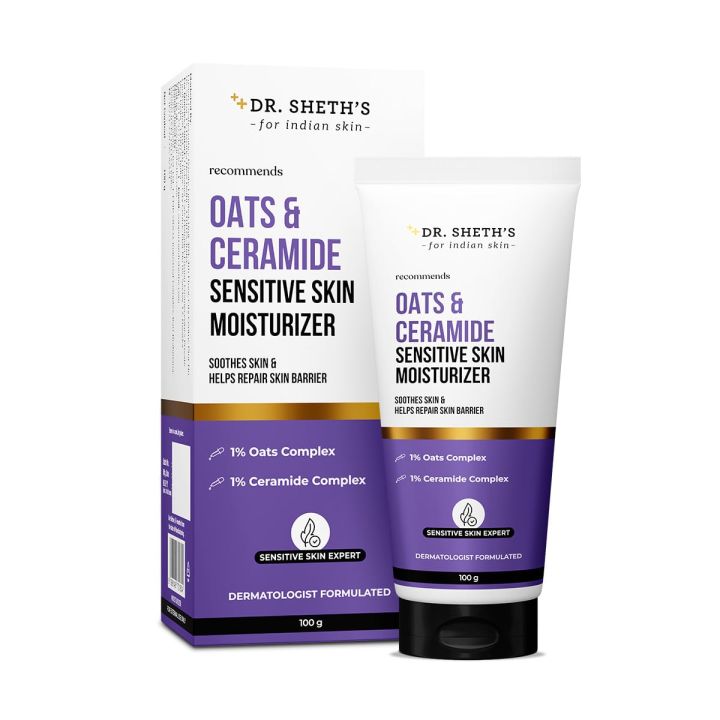 Dr. Sheths Oats & Ceramide Sensitive Skin Moisturizer | Oil-Free | 1% Oats Complex & 1% Ceramide Complex | Soothes & Reduces Irritation | Strengthens Skin Barrier | Light Weight, Non-Sticky | Men & Women | 100 g
