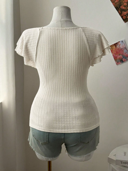 New%20women's%20fashion%20low-neck%20lace-sleeve%20bow-tie%20decoration%20plus-size%20women's%20T-shirt%20-%20Image%202