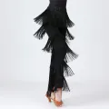 Womens Dancewear Elastic Waistband Tassel Latin Dance Pants Tango Cha-Cha Performance Costume Tiered Fringed Trousers. 