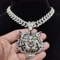 Hip Hop 3D Tiger Pendant Necklace with 13mm Crystal Cuban Chain HipHop Iced Out Bling Necklaces Men Women Fashion Charm Jewelry. 