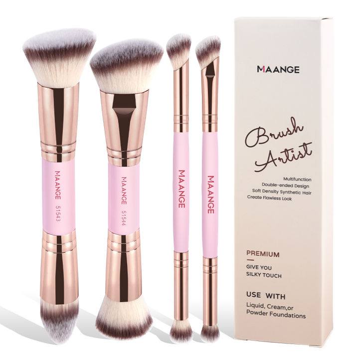 MAANGE 4pcs Dual-ended Basic Makeup Brushes Set with Foundation Powder Blush Details for Eyeshadow Brushes Beginner Travel Tools