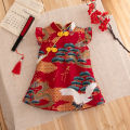 Baby Cheongsam Summer Chinese Style Print Fly Sleeve Cotton Red Qipao Toddler Girl Dress 0-2 Years.