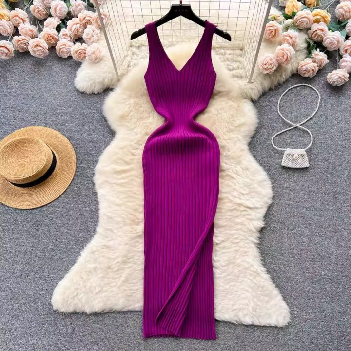 Women V Neck Solid Ribben Knitted Dresses Casual All Match Slimple Sexy