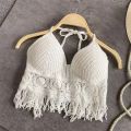 Women Beach Crop Tops Hollow Cover-Ups Perspective Tassel Sexy Spaghetti Strap Swinwear Built In Bra Backlless Halter Neck. 