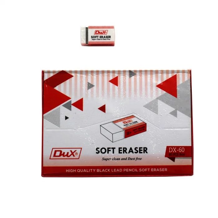 Dux eraser DX60  soft eraser 60 pcs boxMade of soft non-toxic synthetic rubber.

Superb quality for soft, smooth and accurate erasing.

These erasers are suitable for removing strokes from most graphite lead pencils on all kind of surfaces,