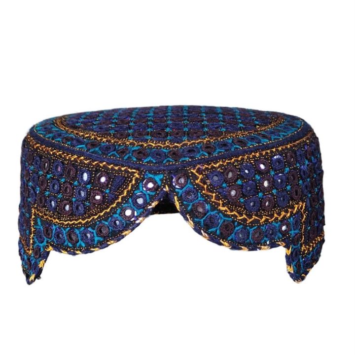 Handmade Cultural Sindhi Topi made with orignal Blue & Brown colour Pasham, Mirror & Golden Mukka