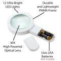 30X High Power UV Light Magnifier with 12 LED Portable Handheld Loupe for Jewelry Repair Reading and Inspection. 
