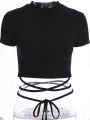 2022 Summer Women Black Short T-Shirts Sexy Crop Tops Short Sleeve Bandage Tee Tops Female Shirts. 