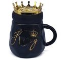 King Queen Crown Design Ceramic Mug With Crown Lid, Coffee Cup Gift For Anniversary & Birthday - Black. 