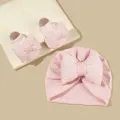 2Pcs Newborn Baby Bow Hat Socks Set Solid Color Cotton Infant Girls Turban Cap Anti-slip Socks. 