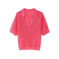 Women Fashion Pointelle Knit Loose Sweater Polo Collar Short Sleeve Female Pullovers Chic Tops. 
