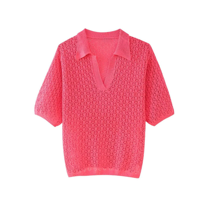 Women%20Fashion%20Pointelle%20Knit%20Loose%20Sweater%20Polo%20Collar%20Short%20Sleeve%20Female%20Pullovers%20Chic%20Tops%20-%20Image%207