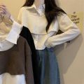 Fake 2 Pcs Shirts Long Sleeve Patchwork Tender Girl Crop Tops Camisas Ropa Mujer All-match Spring Clothing. 