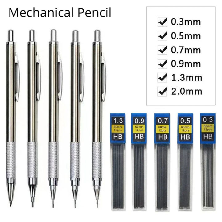 Metal Mechanical Pencil set with pencil grip Leads Art Drawing Student Office Supplies 0.3/0.5/0.7/0.9/1.3/2 mm Automatic Pencil