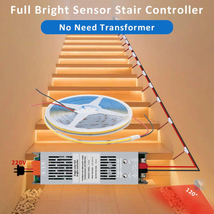 24V COB LED Strip Light High Bright Stair Backlight Work with 2in1 400W PIR Automatic Motion Sensor Stairs Lighting Controller