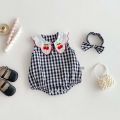 Korean-style summer baby girl cherry embroidered plaid sleeveless jumpsuit, baby girl comfortable and cute sleeveless jumpsuit w. 