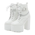 Gdgydh Women's Chain Decor Block Heeled Boots Fashion Lace Up Side Zipper Platform Boots Stylish Ankle Boots High Heels. 